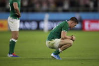 Ireland's Garry Ringrose reacts following his teams 19-12 loss in the Rugby World Cup Pool A game at Shizuoka Stadium Ecopa against Japan in Shizuoka, Japan, Saturday, Sept. 28, 2019. (AP Photo/Jae Hong)