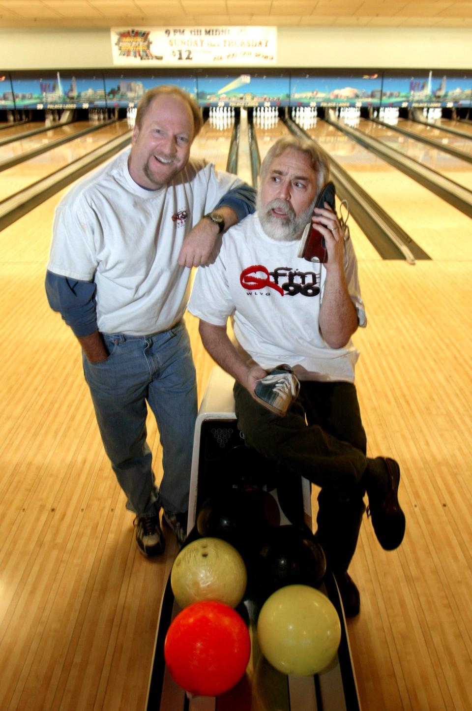 Q-FM 96 personalities Jerry Elliott, left, and Mark "Daddy Wags" Wagner clown around at the Columbus Square Bowling Palace to promote the Rock-N-Bowl charity benefit for Children's Hospital in 2003.