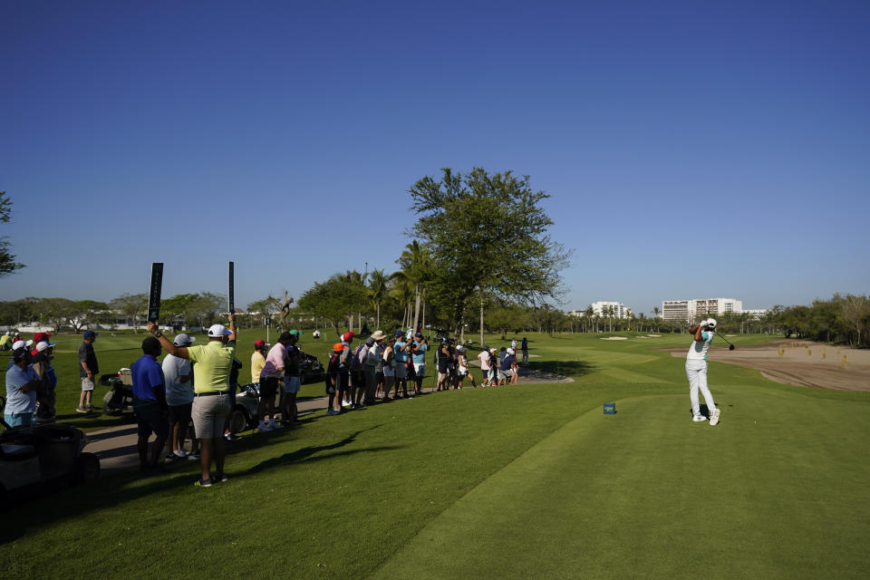 Tony Finau, of the United States, tees off on the 16th hole during the second round of the Mexico Open at Vidanta in Puerto Vallarta, Mexico, Friday, April 29, 2022. (AP Photo/Eduardo Verdugo)