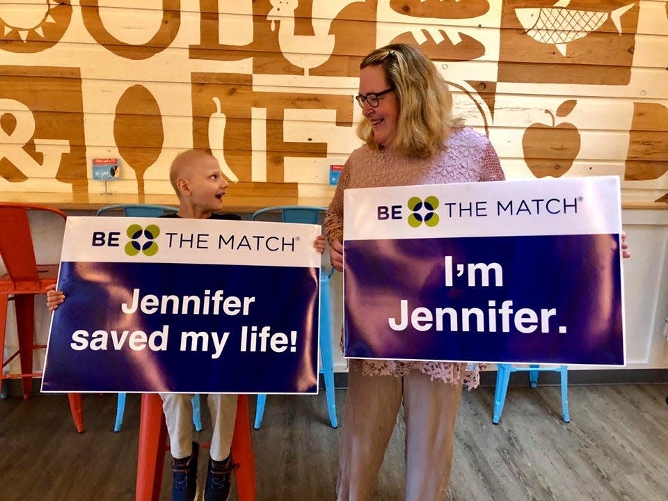 Jennifer Hawkins of Burkburnett is seen in 2019 with Dax Schieffer, 7, a Montana boy whose life was saved because of her donation. Hawkins is now going to D.C. to support an Act providing job protection for future donors.