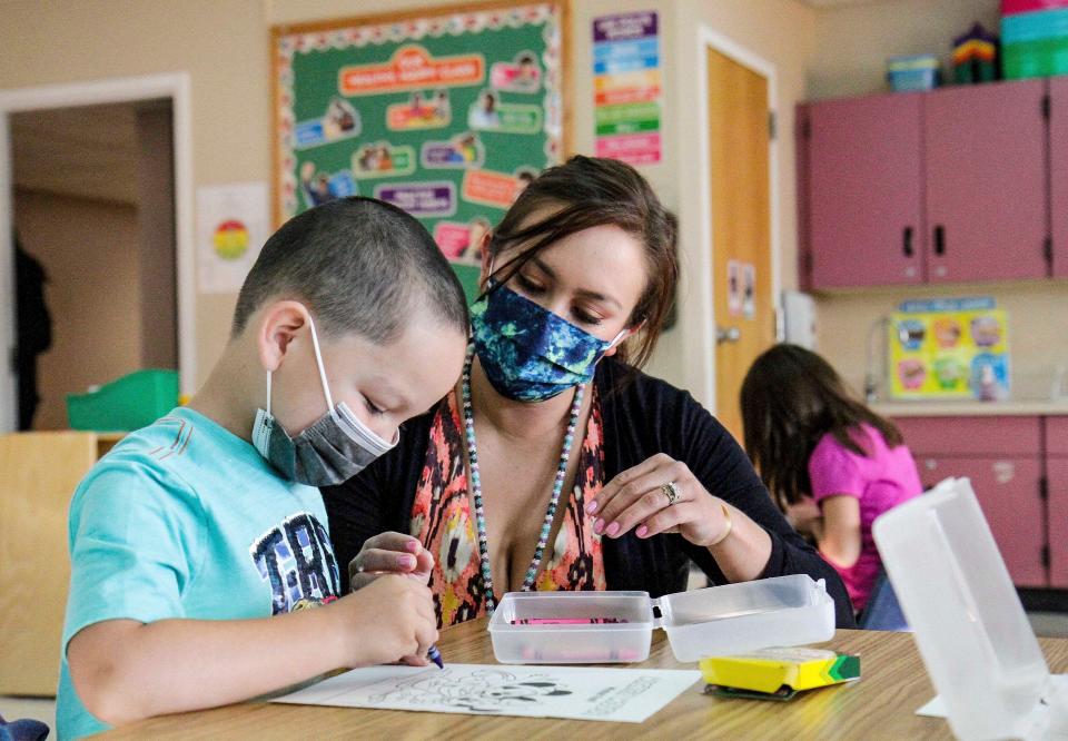 An elementary school teacher in Browning, Mont., on Aug. 24, 2021.