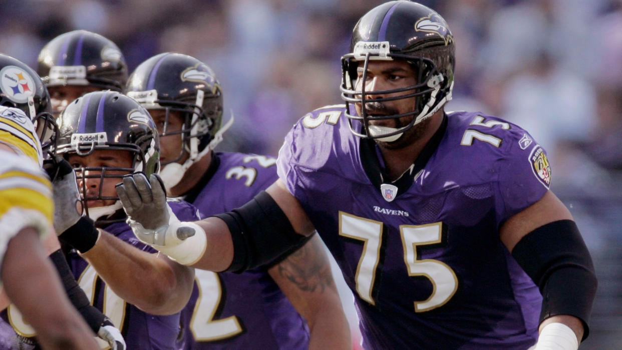 Mandatory Credit: Photo by Chris Gardner/AP/Shutterstock (6032076a)Jonathan Ogden Baltimore Ravens offensive lineman Jonathan Ogden blocks against the Pittsburgh Steelers during the first half of an NFL football game in Baltimore.