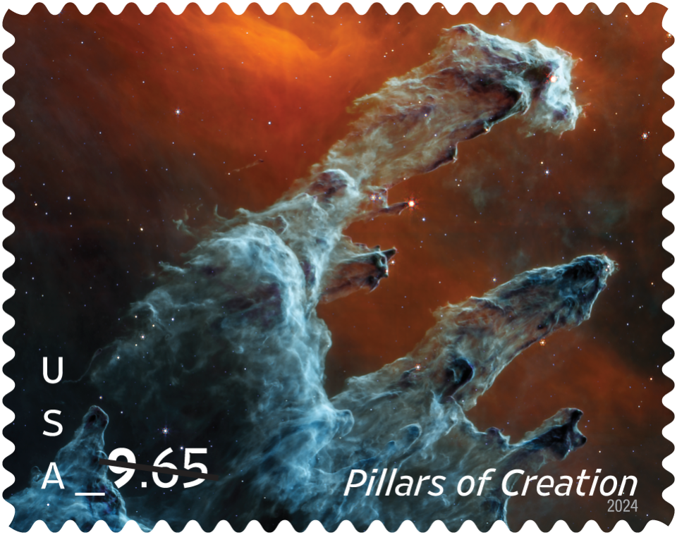 The U.S. Postal Service revealed dozens of stamp designs for 2024 on Oct. 23. This stamp depicts an image of the Pillars of Creation formation within the Eagle Nebula, captured by the James Webb Space Telescope, using color assigned to various wavelengths.