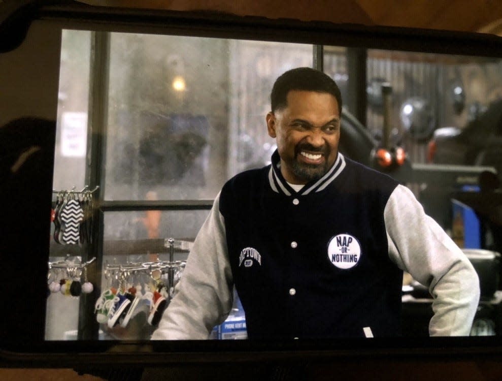 Mike Epps wears Nap Or Nothing jacket "The Upshaws."