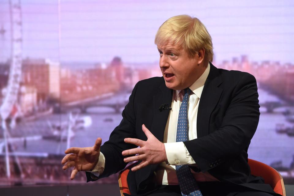  Foreign Secretary Boris Johnson during filming for the BBC One current affairs programme The Andrew Marr Show at New Broadcasting House in London. 