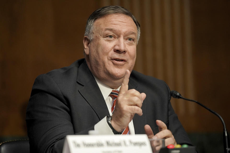 Secretary of State Mike Pompeo testifies during a Senate Foreign Relations committee hearing on the State Department's 2021 budget on Capitol Hill Thursday, July 30, 2020, in Washington. (Greg Nash/Pool via AP)