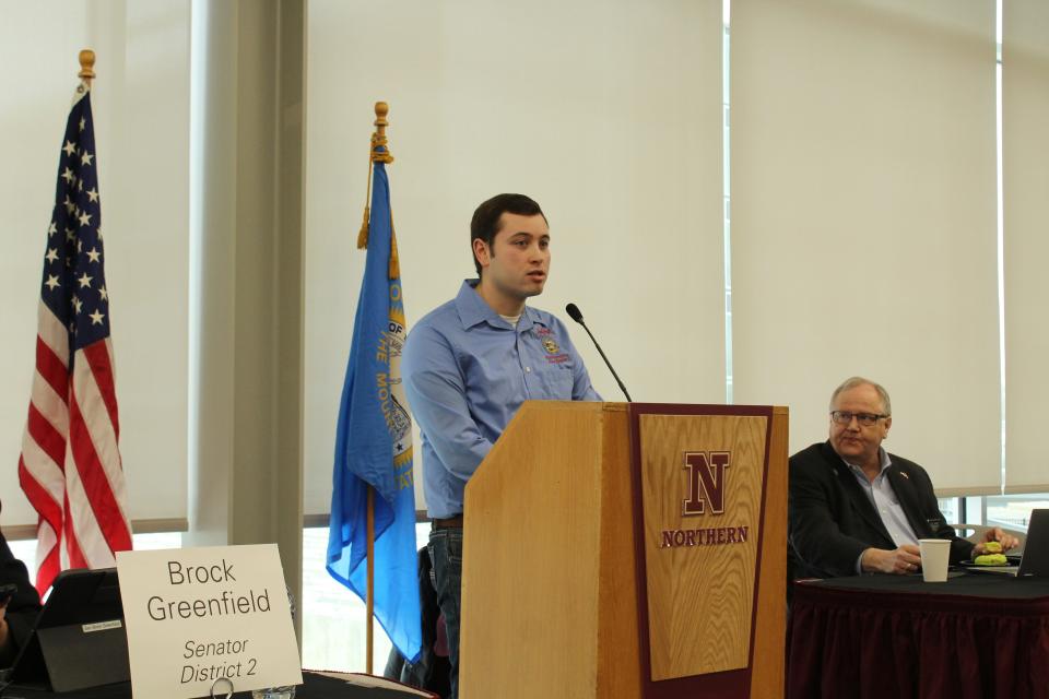 District 3 Rep. Drew Dennert, R-Aberdeen, speaks at the cracker barrel on Saturday morning at Northern State University.