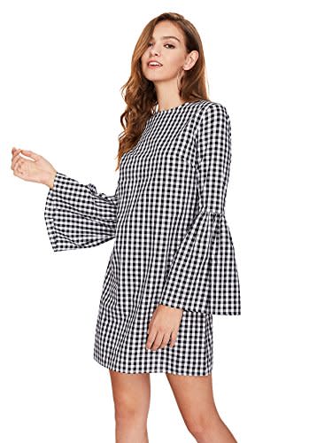 Bell Long Sleeve Shift Gingham Dress