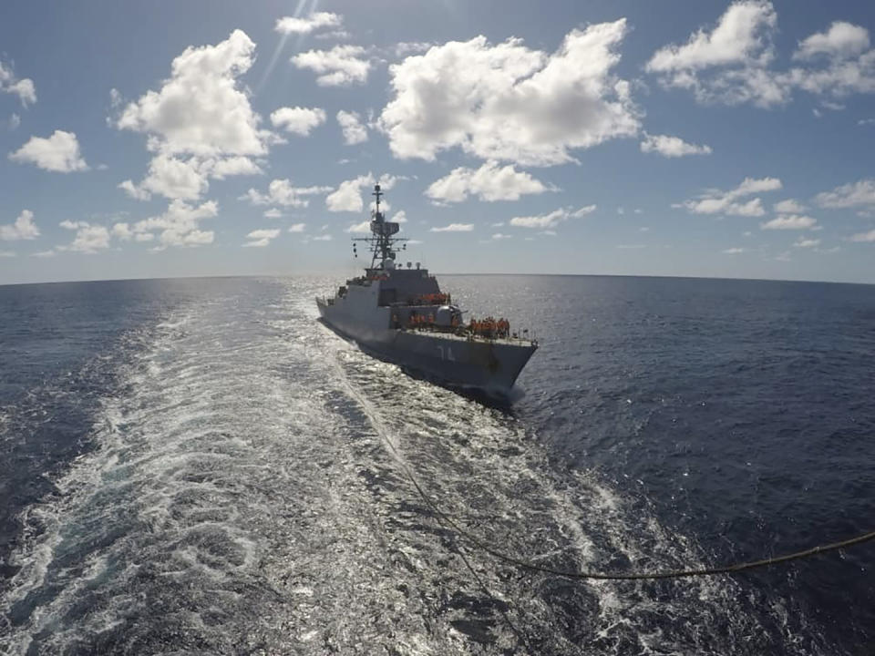 In this photo released Thursday, June 10, 2021, by the Iranian army, an Iranian warship moves in the Atlantic Ocean. Iran has dispatched two warships to the Atlantic Ocean, a rare mission to demonstrate the country's maritime power, state TV reported Thursday, without specifying the vessels' final destination. (Iranian Army via AP)