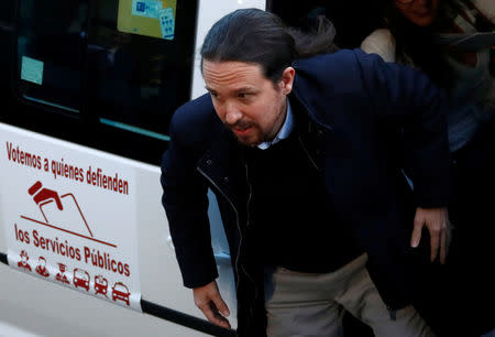 Unidas Podemos' candidate Pablo Iglesias arrives to attend a televised debate ahead of general elections in San Sebastian de los Reyes, outside Madrid, Spain, April 23, 2019. REUTERS/Juan Medina