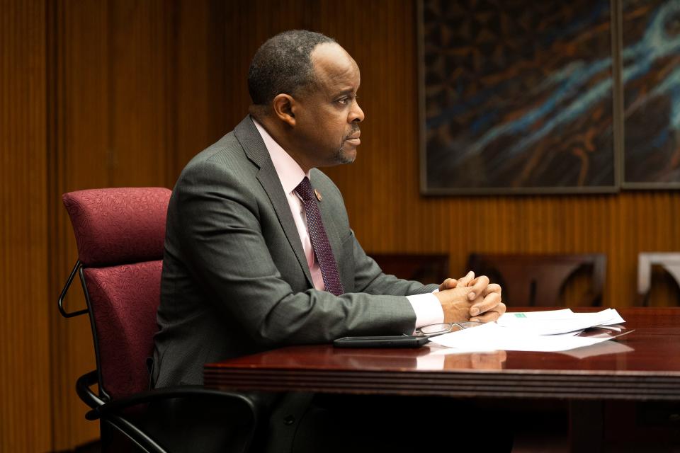 Jack Thomas, president of Central State University, during an interview Wednesday with The Dispatch in the board of trustees' conference room.