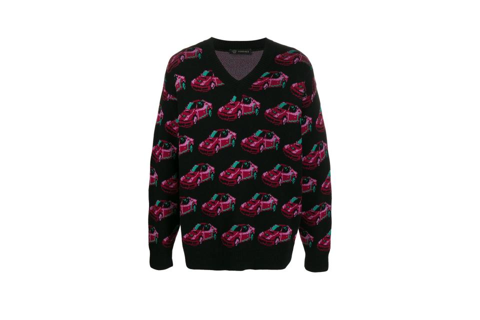 Versace car intarsia V-neck jumper