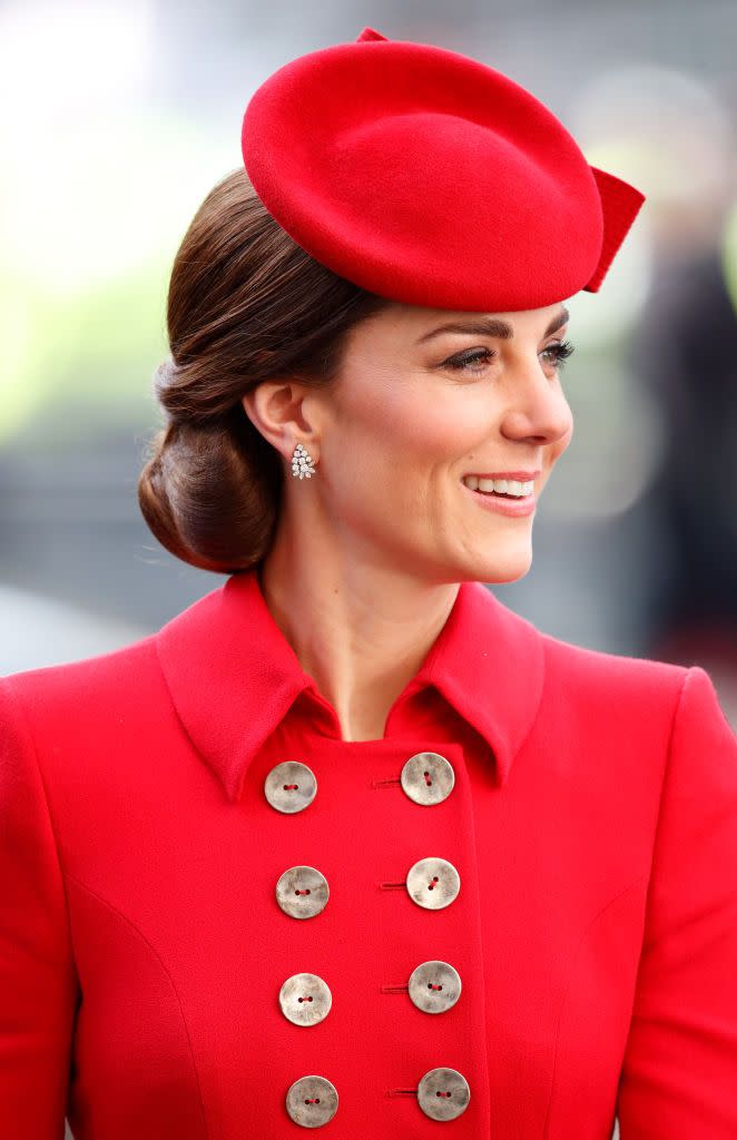 <p>When it comes to official royal events, the low bun is a mainstay of Kate's routine, as she showed at the Commonwealth Day celebration in 2019.</p>