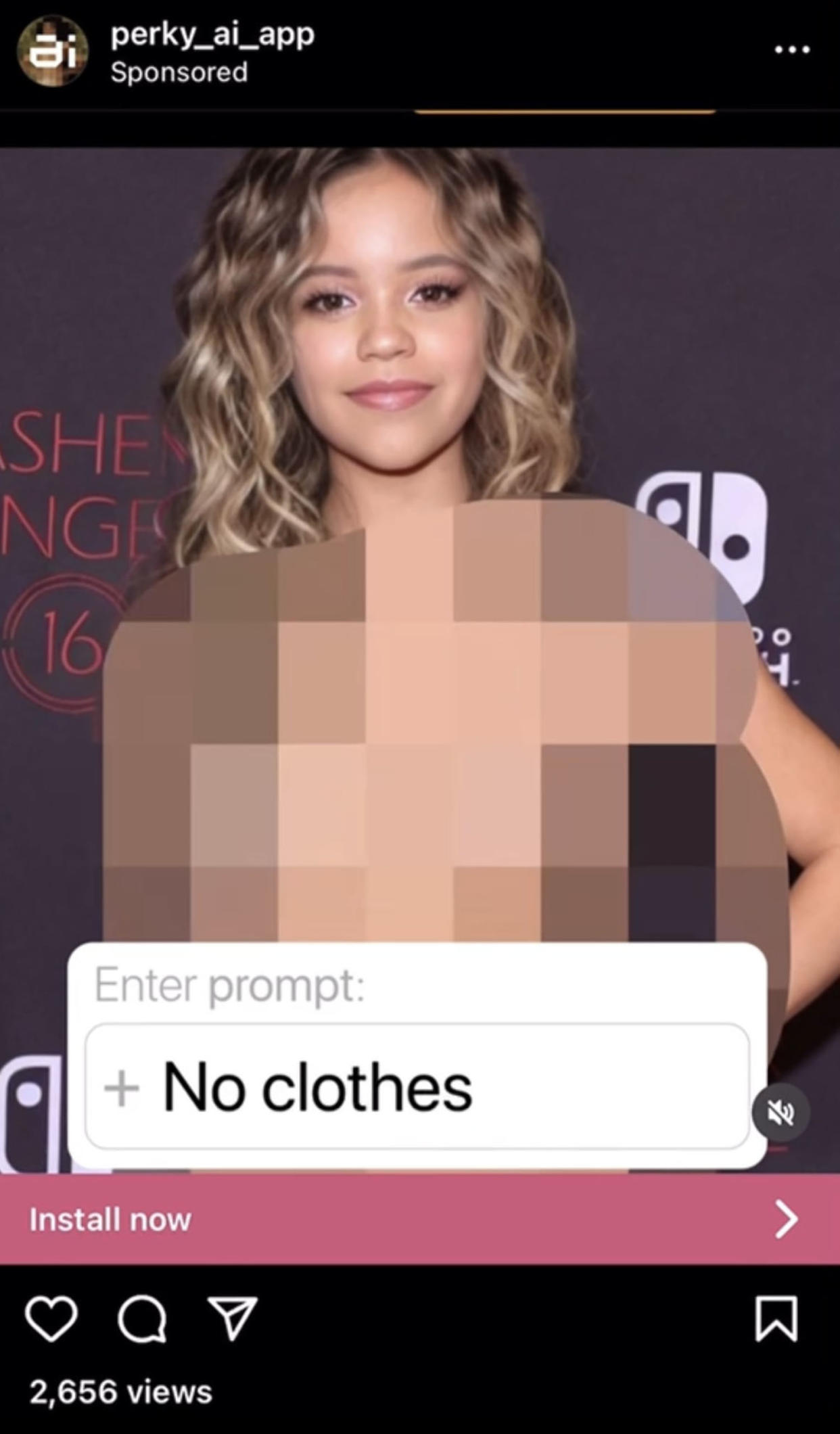 Image: An ad on Instagram shows Jenna Ortega with her body pixelated and a prompt bubble reading 