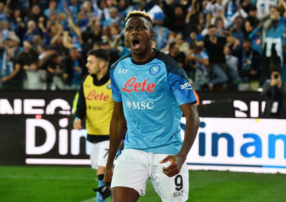 Victor Osimhen celebrates scoring Napoli’s title-clinching equaliser (Reuters)