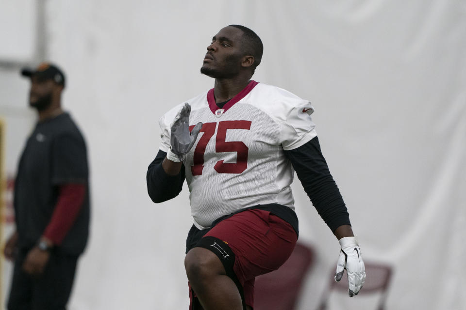 Washington Commanders guard Chris Paul works during a rookie minicamp practice at the team's NFL football training facility, Friday, May 6, 2022 in Ashburn, Va. (AP Photo/Alex Brandon)