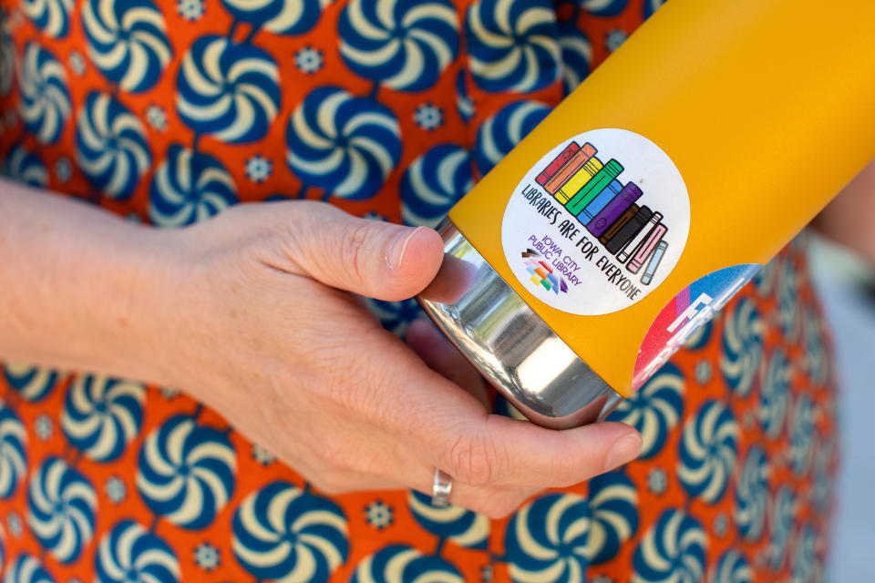 Emily Drabinski, president of the American Library Association, has an Iowa city public libraries Pride sticker, reading “Libraries are for Everyone” on her water bottle. (Alisha Jucevic for NBC News)
