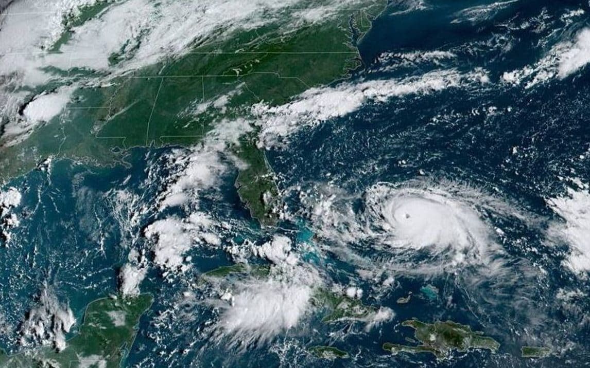 This satellite image shows Tropical Storm Dorian as it approaches the Bahamas and Florida 
