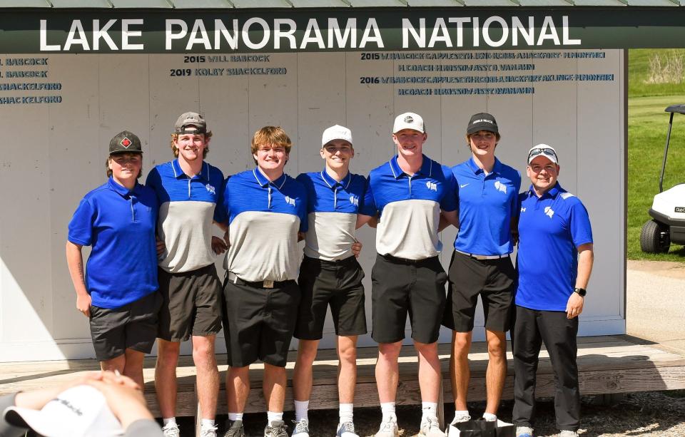 The Van Meter boys golf team poses for a photo after winning the West Central Activities Conference meet on Wednesday, May 3, 2023, in Panora.