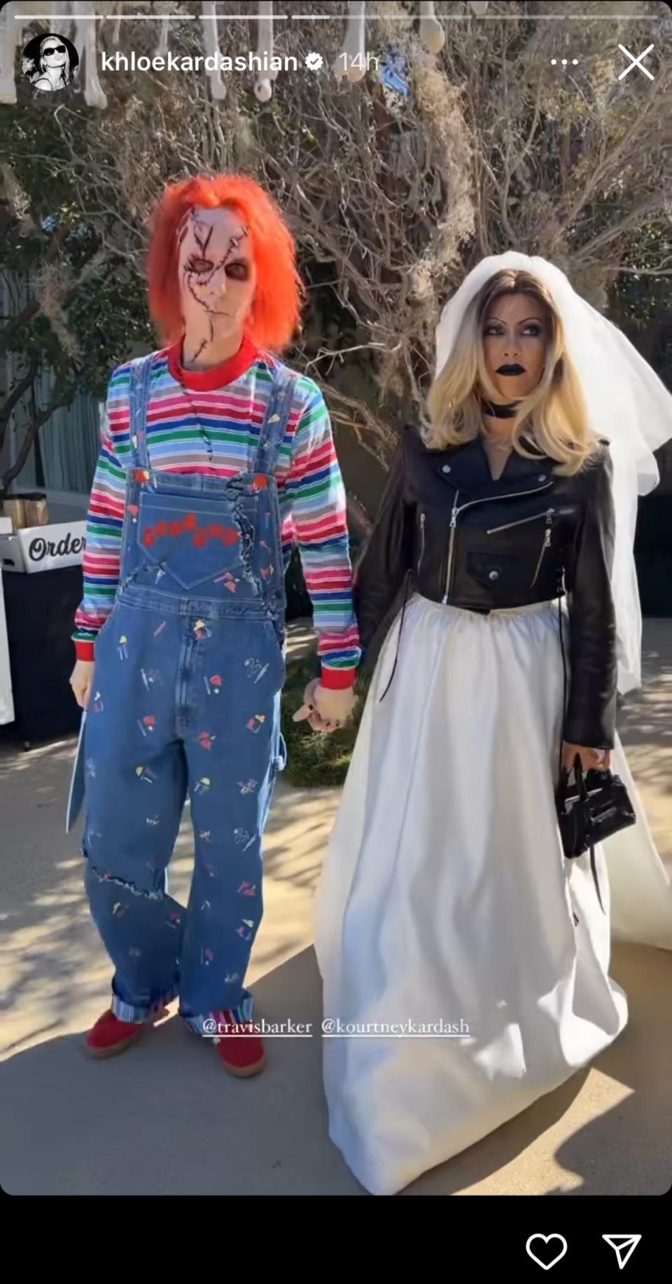 Kourtney Kardashian and Travis Barker dressed as Chucky and Tiffany Valentine from the film ‘Bride of Chucky’ (Instagram/Khloe Kardashian)