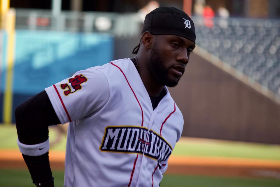 Toledo Mud Hens outfielder Akil Baddoo walks into the dugout Tuesday, June 7, 2022, at Fifth Third Field in Toledo, Ohio.