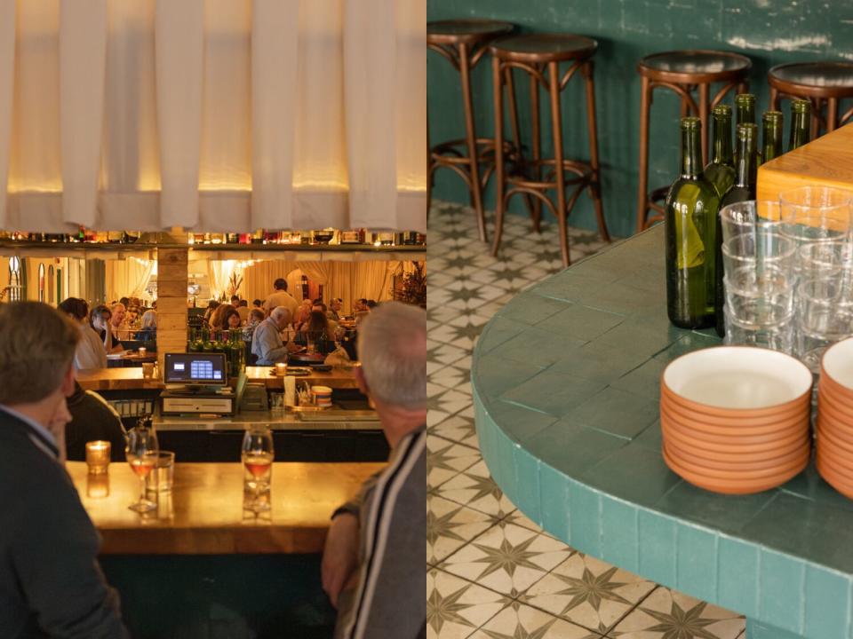 Two people sitting at the bar at Bar Chelou looking at the dining room, and a detail shot of glasses, plates and bar stools