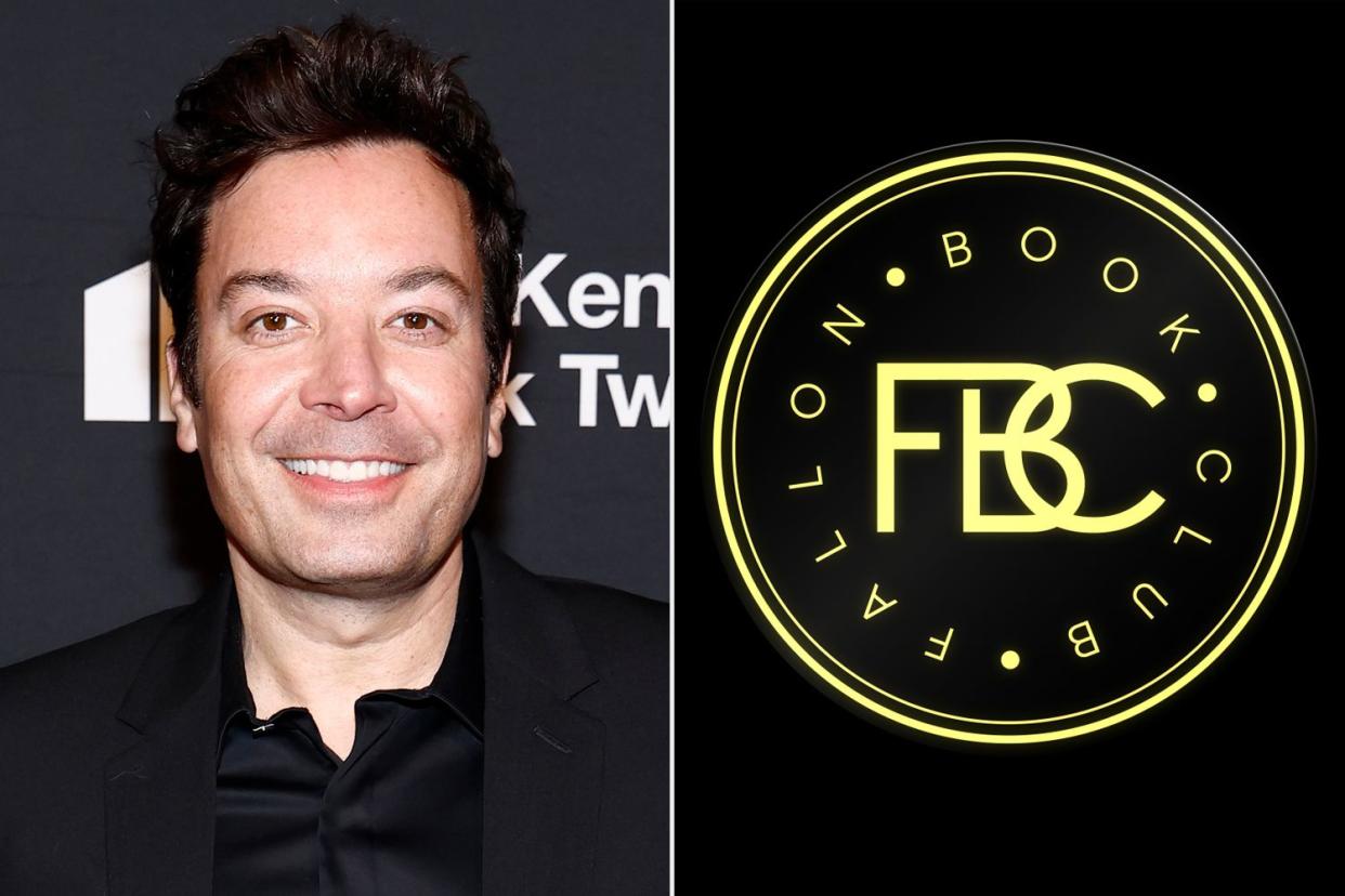 <p>Paul Morigi/Getty; NBC/The Tonight Show Starring Jimmy Fallon</p> Jimmy Fallon and the logo for his book club