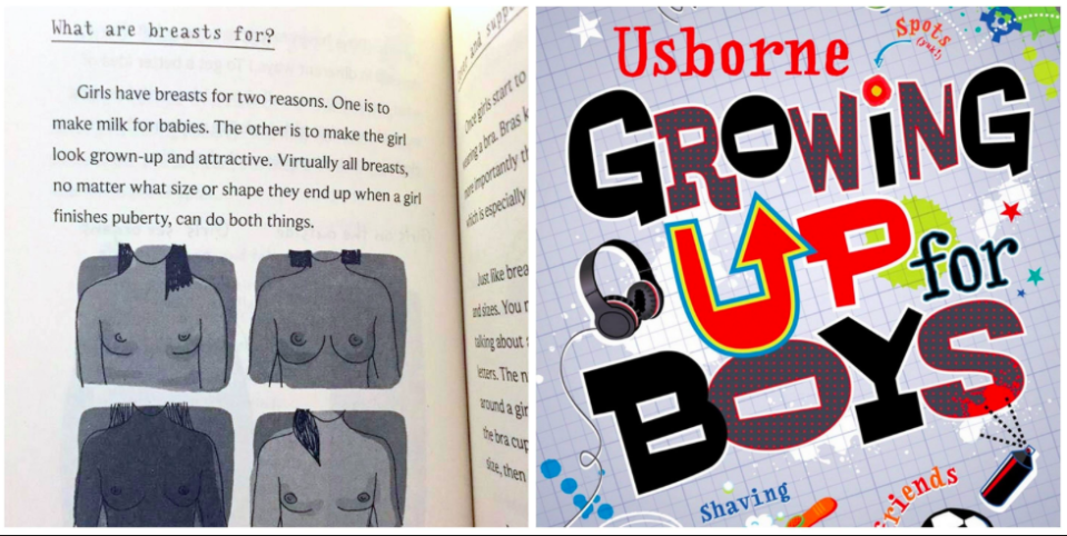 A children’s book about puberty has come under fire from parents for saying breasts exist to “make girls look grown-up and attractive” [Photo: Facebook/Man Vs Pink]