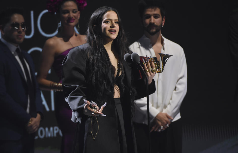 Rosalia accepts the award for best urban song for "Con Altura" at the 20th Latin Grammy Awards on Thursday, Nov. 14, 2019, at the MGM Grand Garden Arena in Las Vegas. (AP Photo/Chris Pizzello)