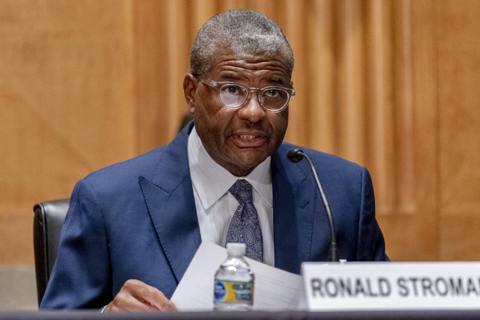 Ronald Stroman, one of the nominees for Postal Service Governors, speaks at a Senate Governmental Affairs Committee hybrid nominations hearing on Capitol Hill, Thursday, April 22, 2021, in Washington. (AP Photo/Andrew Harnik)