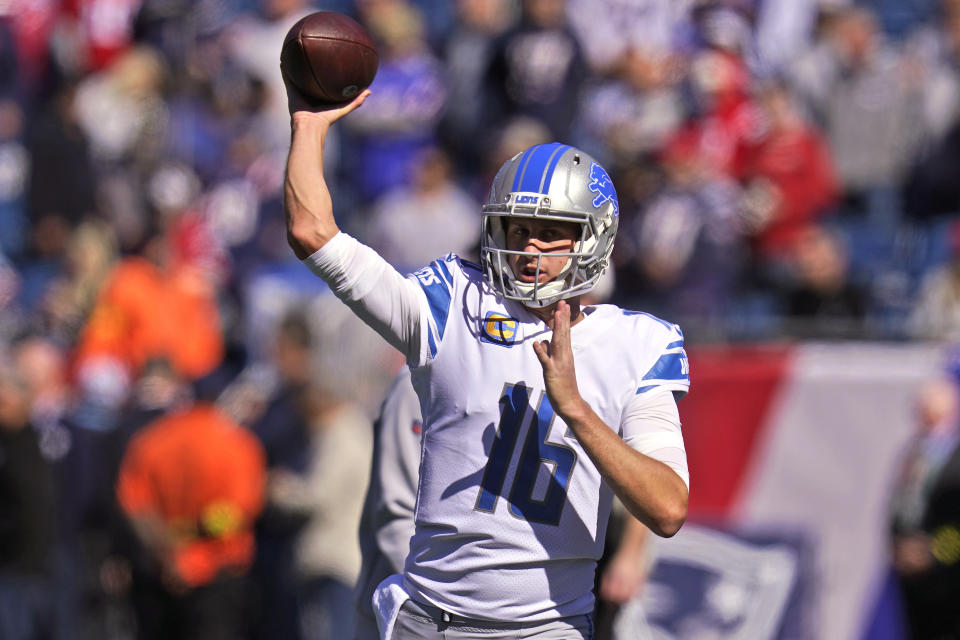 Detroit Lions quarterback Jared Goff (16) warms up on the field prior to an NFL football game against the New England Patriots, Sunday, Oct. 9, 2022, in Foxborough, Mass. (AP Photo/Charles Krupa)