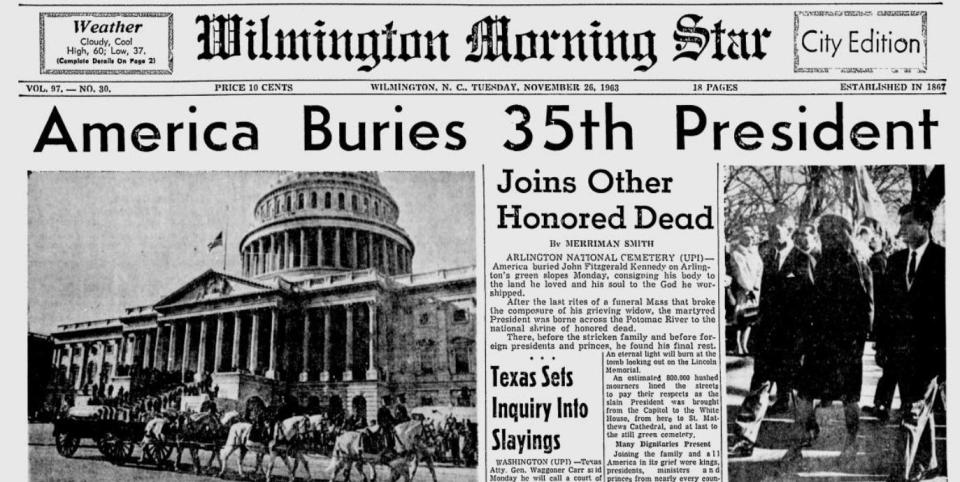 The front of the Nov. 26, 1963 Wilmington Morning Star with coverage of President John F. Kennedy's funeral.