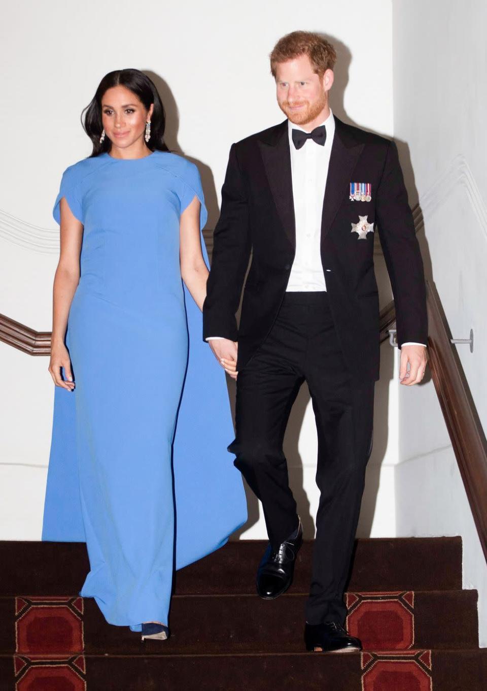 <p>In a Fijian blue caped <a href="https://www.safiyaa.com/" rel="nofollow noopener" target="_blank" data-ylk="slk:Safiyaa" class="link ">Safiyaa</a> gown for a state dinner at the Grand Pacific Hotel hosted by the President of Fiji. </p>