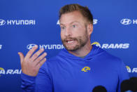 Los Angeles Rams head coach Sean McVay speaks during a news conference after an NFL football organized team activity Tuesday, May 21, 2024, in Thousand Oaks, Calif. (AP Photo/Ryan Sun)