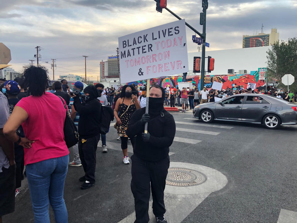 Protesters march in Container Park in Las Vegas on Saturday, May 30, 2020. (Anita Hassan / NBC News)