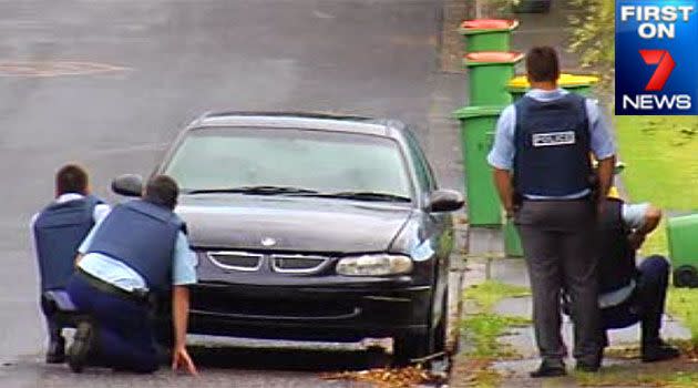 A crime scene has been set up in the car park of a building complex at Gosford after a man was shot dead this afternoon. Photo: 7News