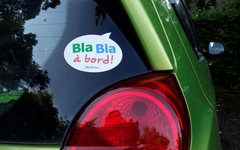 FILE PHOTO: A sticker of French ride-sharing start-up BlaBlaCar is seen on a car at Le Coudray-Montceaux