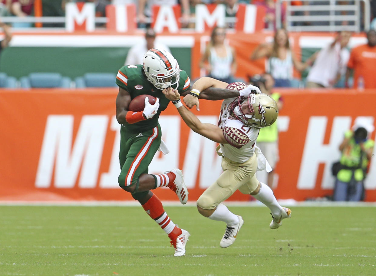 Miami wide receiver Jeff Thomas was the team’s leading receiver in 2018 despite getting dismissed during the season. (David Santiago/Miami Herald via AP)