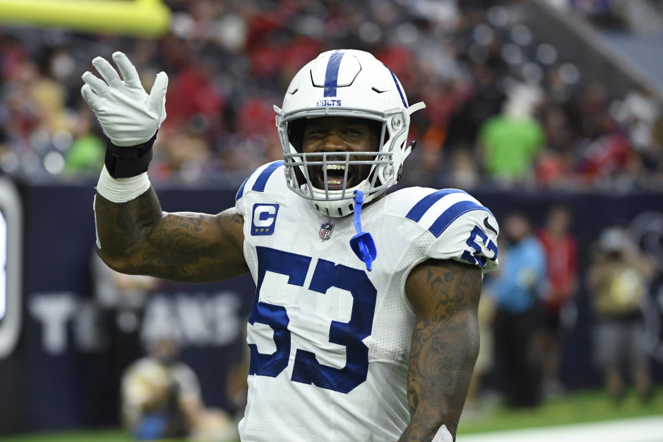 Indianapolis Colts outside linebacker Darius Leonard (53) celebrates a stop against the Houston Texans during an NFL football game, Sunday, Dec. 5, 2021, in Houston. (AP Photo/Justin Rex )