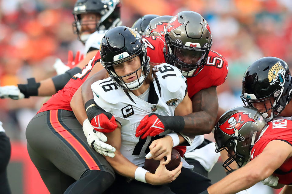 Tampa Bay Buccaneers linebacker Lavonte David (54) sacks Jacksonville Jaguars quarterback Trevor Lawrence last week. (Photo by Cliff Welch/Icon Sportswire via Getty Images)