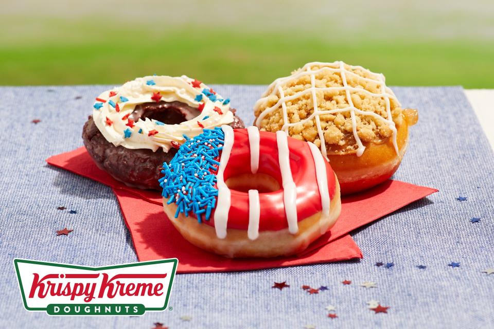 For July 4th, Krispy Kreme has three new doughnuts, available in a Stars and Stripes Dozen, in stores and for pickup and delivery online or in the Krispy Kreme app.