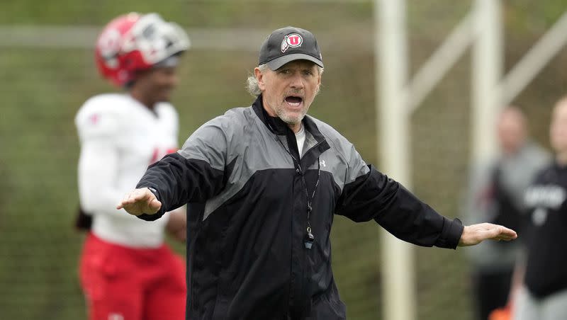 Utah head coach Kyle Whittingham instructs his team during practice ahead of the Rose Bowl game against Penn State, Friday, Dec. 30, 2022, in Carson, Calif. Whittingham’s steadying influence has taken the Utes to the top of the Pac-12 the past two seasons.