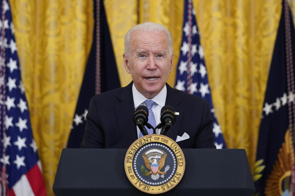 FILE - President Joe Biden speaks from the East Room of the White House in Washington, Thursday, July 29, 2021. An array of progressive and pro-White House groups plans to spend nearly $100 million to promote Biden’s agenda over the next month to pressure Congress while lawmakers are on their August recess. The push being announced Monday, Aug. 2 coupled with a wave of travel by the president’s top surrogates, is meant to promote and secure passage of Biden’s two-track infrastructure plan. (AP Photo/Susan Walsh, File)