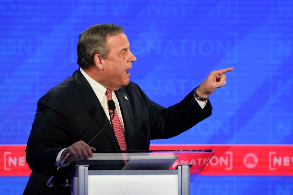 Republican presidential candidate former New Jersey Gov. Chris Christie, gesturing towards businessman Vivek Ramaswamy during the Republican presidential primary debate (AP)
