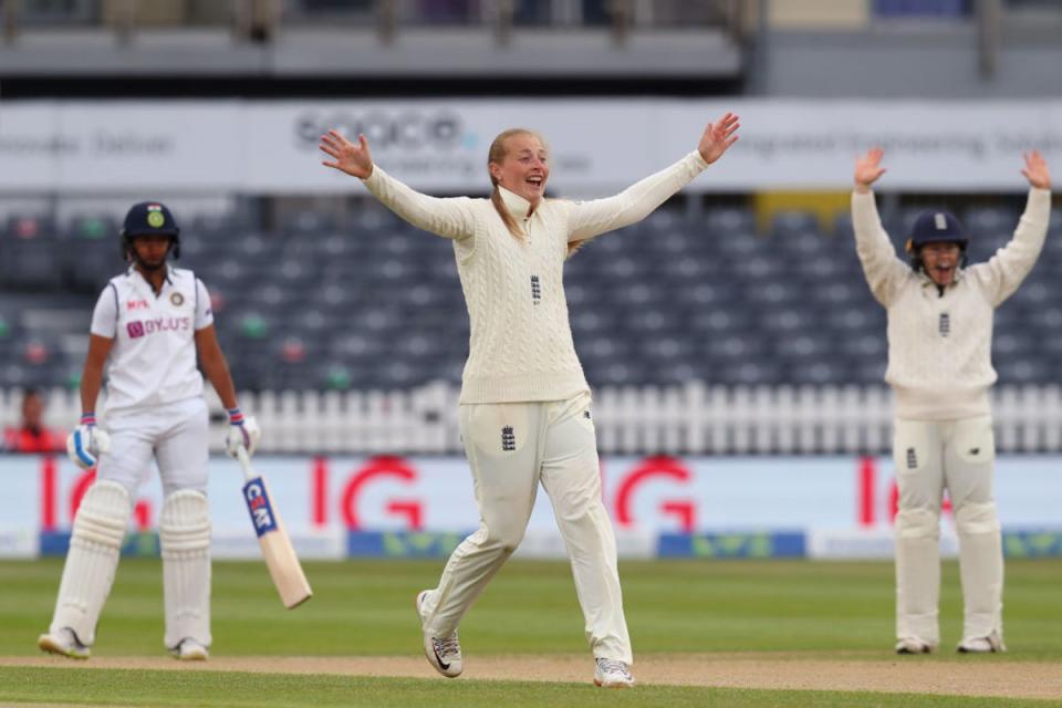 Ecclestone celebrates a wicket during last summer’s Test series against India (Getty)