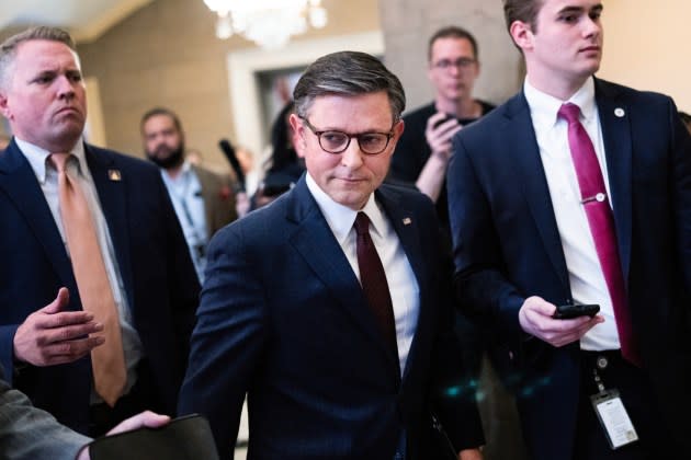 Speaker of the House Mike Johnson, R-La., is seen in the U.S. Capitol after the House passed the foreign aid package on April 20, 2024.  - Credit: Tom Williams/CQ-Roll Call, Inc via Getty Images