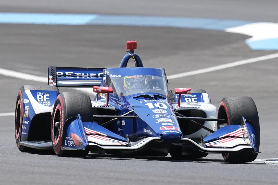 Alex Palou, of Spain, drives during the IndyCar Indianapolis GP auto race at Indianapolis Motor Speedway, Saturday, Aug. 12, 2023, in Indianapolis. (AP Photo/Darron Cummings)