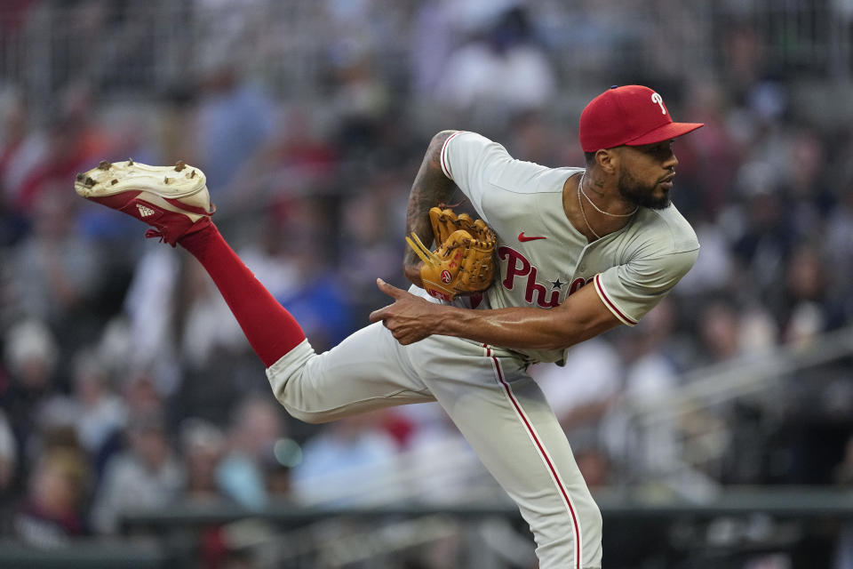 Philadelphia Phillies starting pitcher Cristopher Sanchez (61) delivers to an Atlanta Braves batter in the first inning of a baseball game Tuesday, Sept. 19, 2023. (AP Photo/John Bazemore)