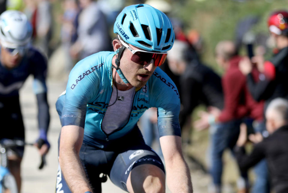 SIENA ITALY  MARCH 04 Leonardo Basso of Italy and Astana Qazaqstan Team competes during the Eroica  17th Strade Bianche 2023 Mens Elite a 184km one day race from Siena to Siena on March 04 2023 in Siena Italy Photo by Sara CavalliniGetty Images