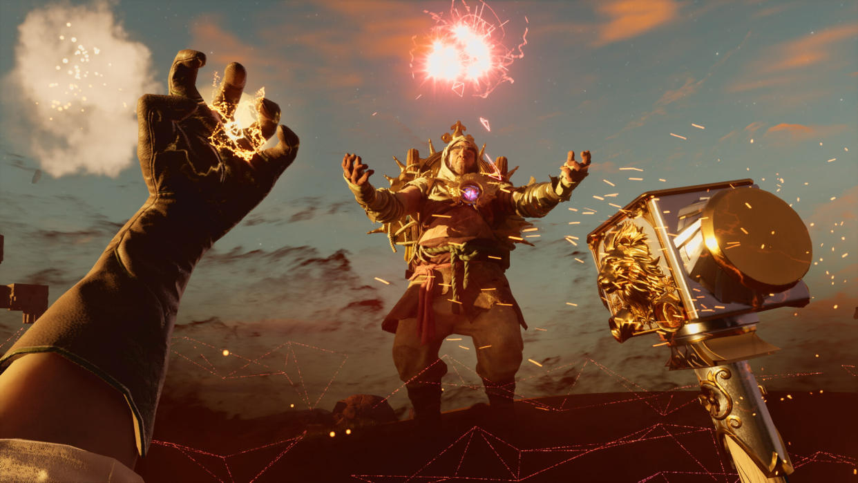  Nightingale screenshot - first-person view of a hand conjuring magic and a warhammer, facing a humanoid NPC. 